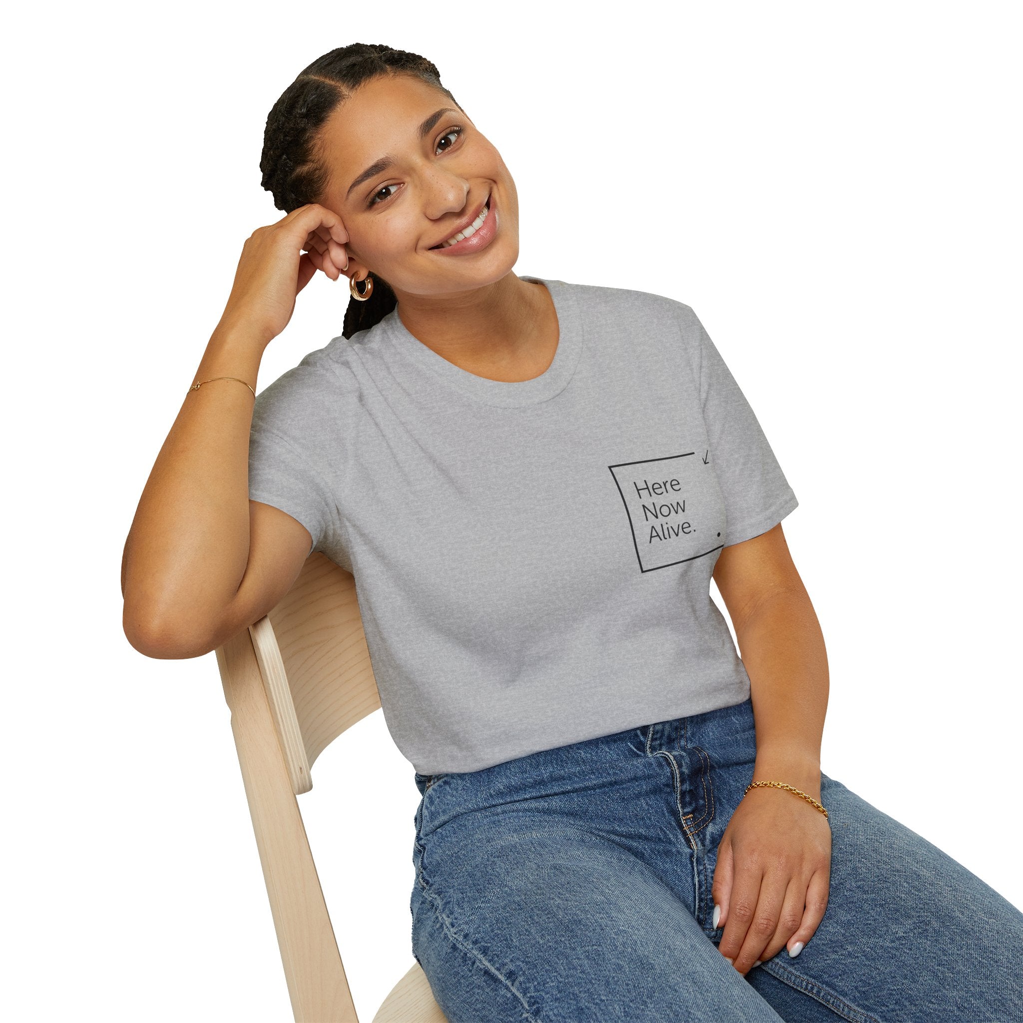 Here Now Alive T-Shirt – Unisex Softstyle Tee for Calm, Comfort & Self-Care | Mindfulness Gift for Wellness Lovers