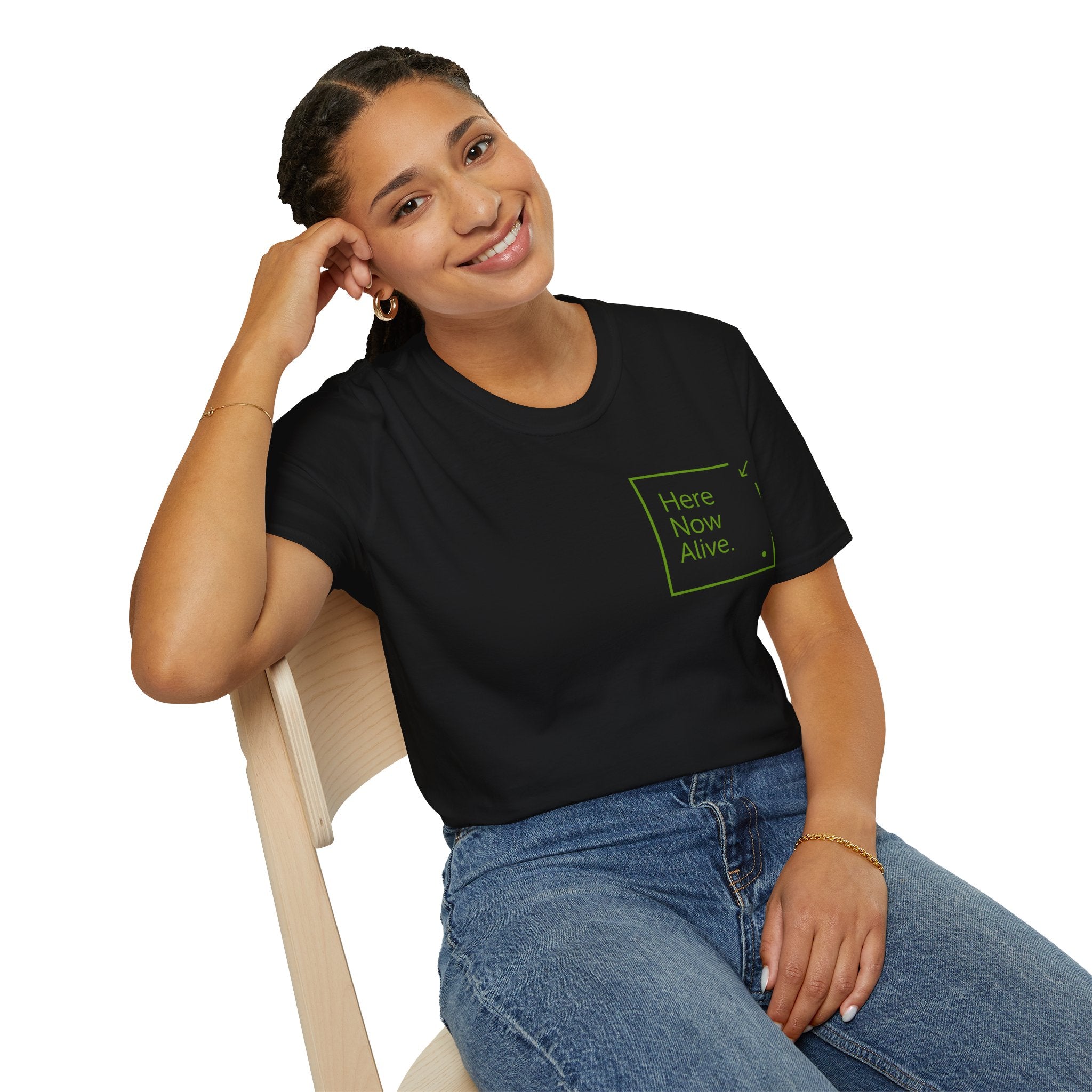Here Now Alive T-Shirt – Unisex Softstyle Tee for Calm, Comfort & Self-Care | Mindfulness Gift for Wellness Lovers